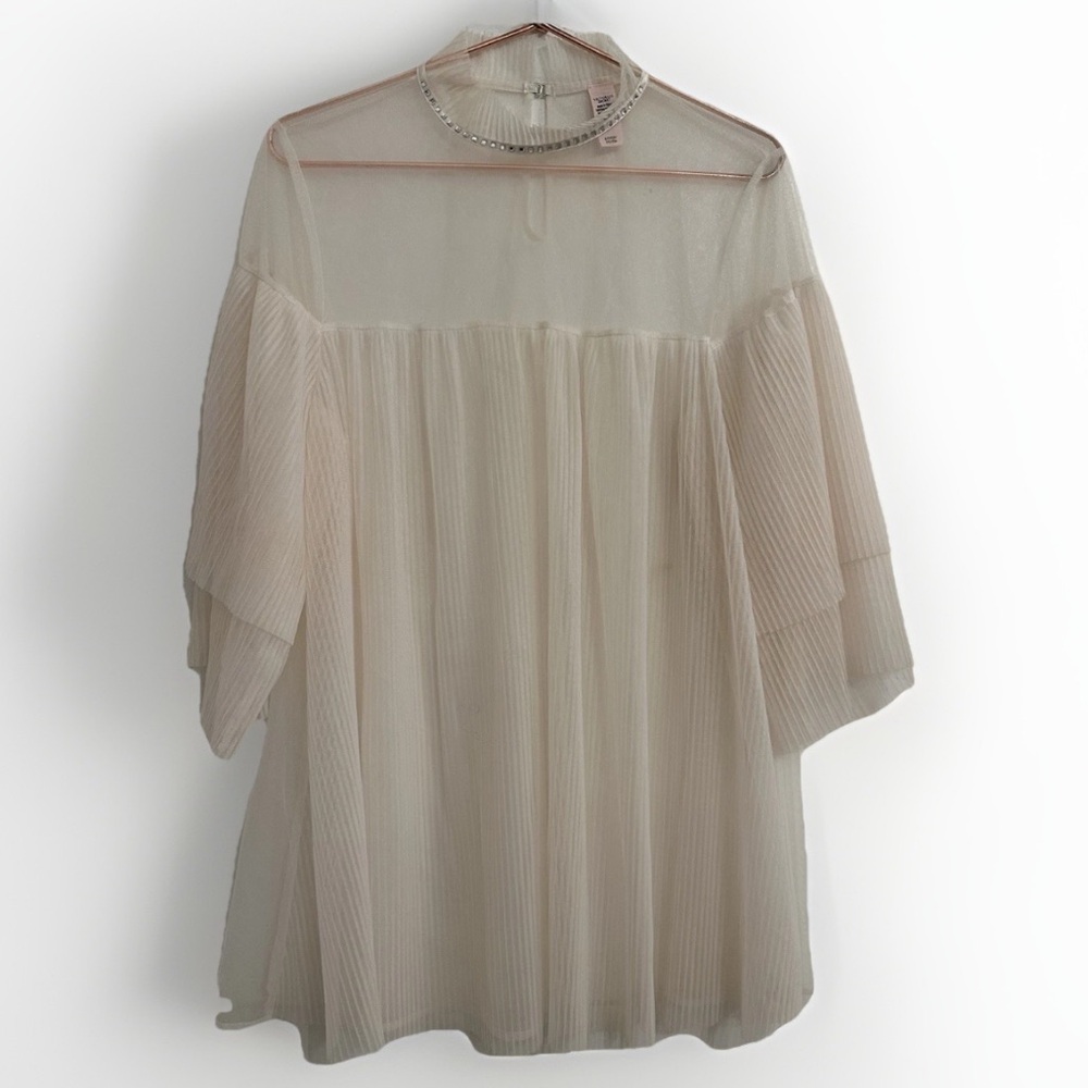 Victoria Secret Sheer Pleated Mini Dress Pale Ivory Rhinestone Lingerie Womens S